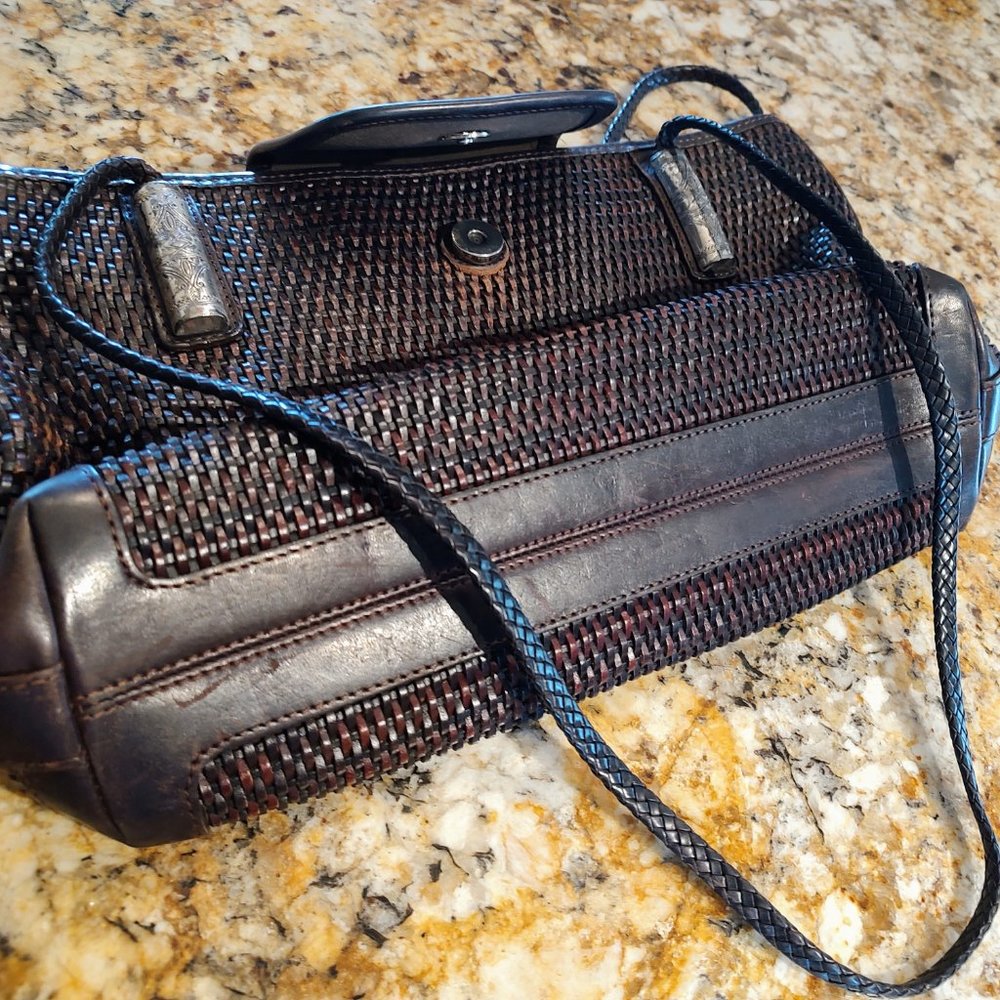 Brighton shoulder bag, brown weave with embossed panel, silver accents13X8" - Picture 9 of 15